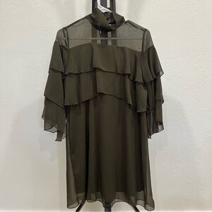 Zara Dark Olive Green Long Sleeve Layered Chiffon Dress